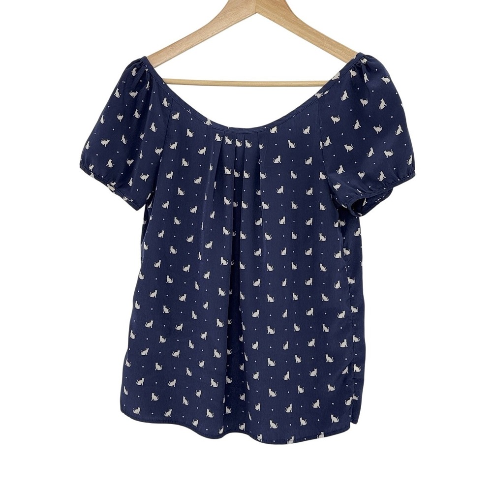 Old Navy Navy Blue & White Cat Print Tie‎ Back Blouse Sz Sm Cat Lady Boho Office